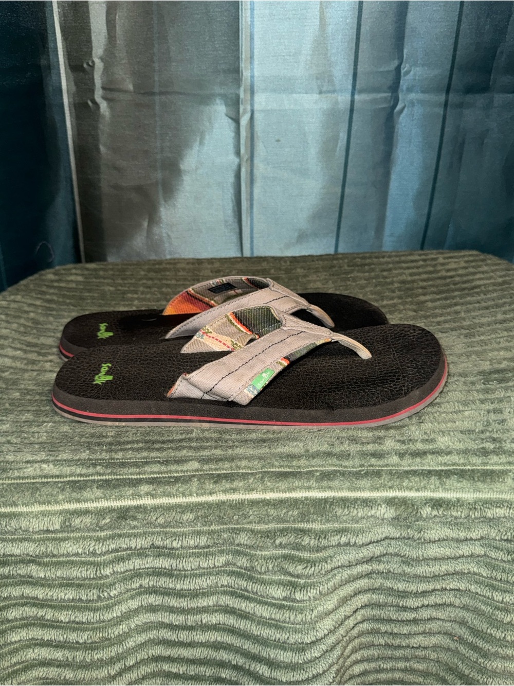 Sanuk Black Flip-Flops with Gray and Multicolor Straps